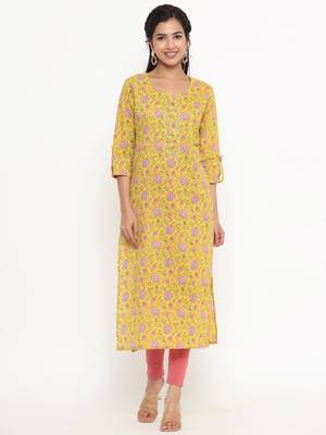 Yellow printed cotton kurtas-and-kurtis 1