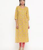 Yellow printed cotton kurtas-and-kurtis