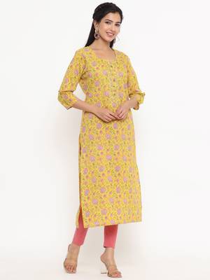 Yellow printed cotton kurtas-and-kurtis 2