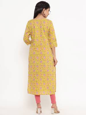 Yellow printed cotton kurtas-and-kurtis 3
