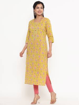 Yellow printed cotton kurtas-and-kurtis 4