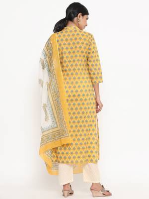 Yellow printed cotton ethnic-kurtis 3