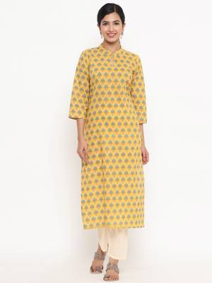 Yellow printed cotton ethnic-kurtis 4