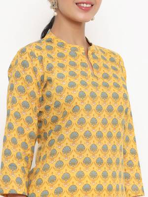 Yellow printed cotton ethnic-kurtis 5