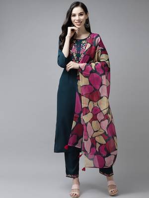 Teal-blue plain rayon ethnic-kurtis 1