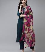 Teal-blue plain rayon ethnic-kurtis