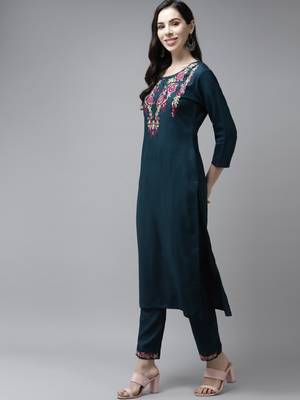 Teal-blue plain rayon ethnic-kurtis 2