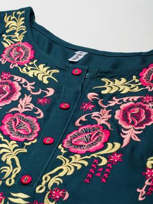 Teal-blue plain rayon ethnic-kurtis 4