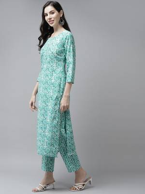 Sea-green printed cotton ethnic-kurtis 2