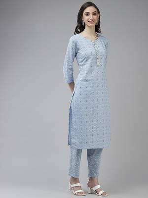 Turquoise printed cotton ethnic-kurtis 2