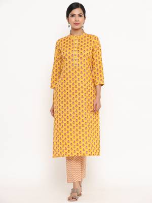 Yellow printed cotton ethnic-kurtis 4