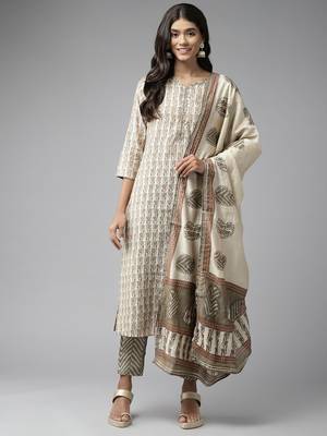 Beige printed cotton silk ethnic-kurtis 1