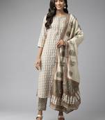Beige printed cotton silk ethnic-kurtis