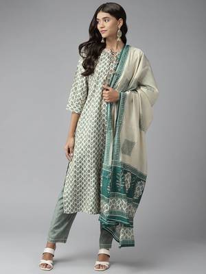 Teal-green printed cotton silk ethnic-kurtis 1