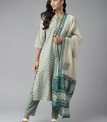 Teal-green printed cotton silk ethnic-kurtis