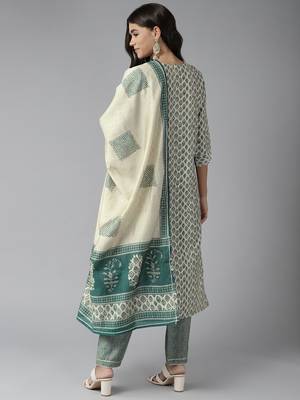 Teal-green printed cotton silk ethnic-kurtis 3