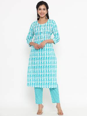 Sea-green printed cotton ethnic-kurtis 1