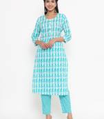 Sea-green printed cotton ethnic-kurtis