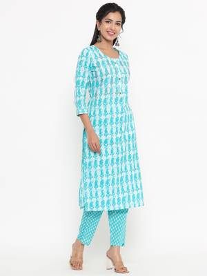 Sea-green printed cotton ethnic-kurtis 2