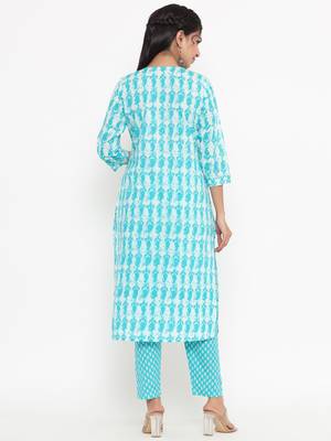 Sea-green printed cotton ethnic-kurtis 3