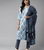 Turquoise printed cotton ethnic-kurtis