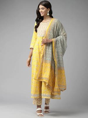 Mustard printed cotton ethnic-kurtis 1