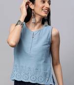 Aqua-blue embroidered cotton sleeveless-tops