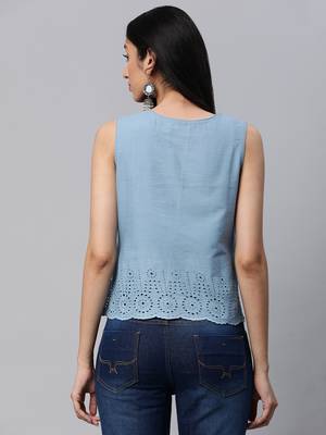 Aqua-blue embroidered cotton sleeveless-tops 2