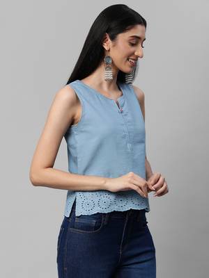 Aqua-blue embroidered cotton sleeveless-tops 3