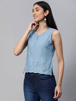Aqua-blue embroidered cotton sleeveless-tops 4