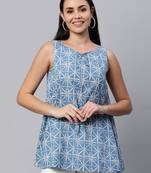 Blue printed cotton sleeveless-tops