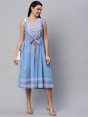 Blue printed cotton long-dresses 1