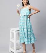 Aqua-blue printed cotton long-dresses
