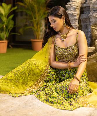 Green Choli Shararas With Organza Cape 2