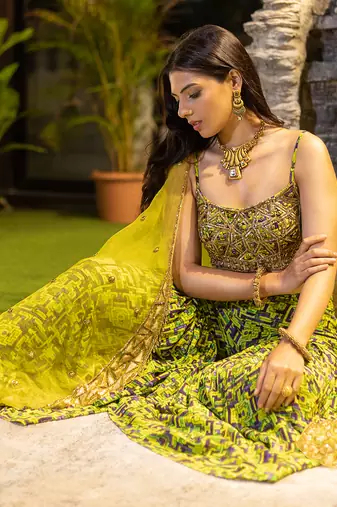 Green Choli Shararas With Organza Cape