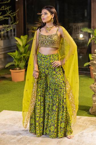 Green Choli Shararas With Organza Cape