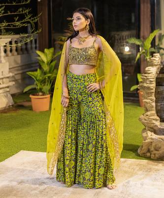 Green Choli Shararas With Organza Cape 1