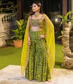 Green Choli Shararas With Organza Cape