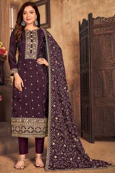 Purple Embroidered Salwar Suit In Viscose