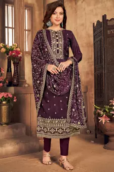 Purple Embroidered Salwar Suit In Viscose