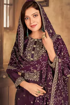 Purple Embroidered Salwar Suit In Viscose