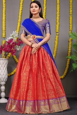 Red jacquard art silk semi stitched lehenga 1