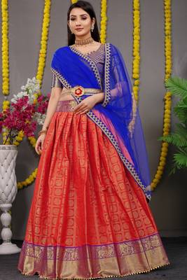 Red jacquard art silk semi stitched lehenga 2