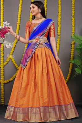 Orange jacquard art silk semi stitched lehenga 1