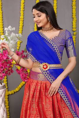 Red jacquard art silk semi stitched lehenga 4