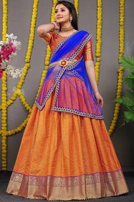 Orange jacquard art silk semi stitched lehenga 2