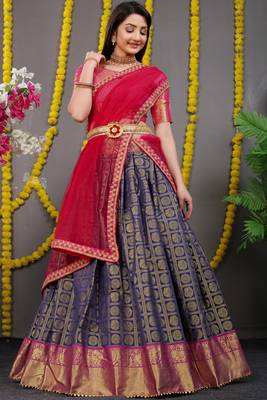 Navy-blue jacquard art silk semi stitched lehenga 1