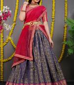 Navy-blue jacquard art silk semi stitched lehenga