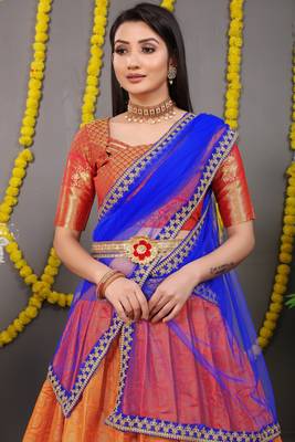 Orange jacquard art silk semi stitched lehenga 3