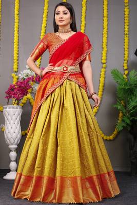 Mustard jacquard art silk semi stitched lehenga 1